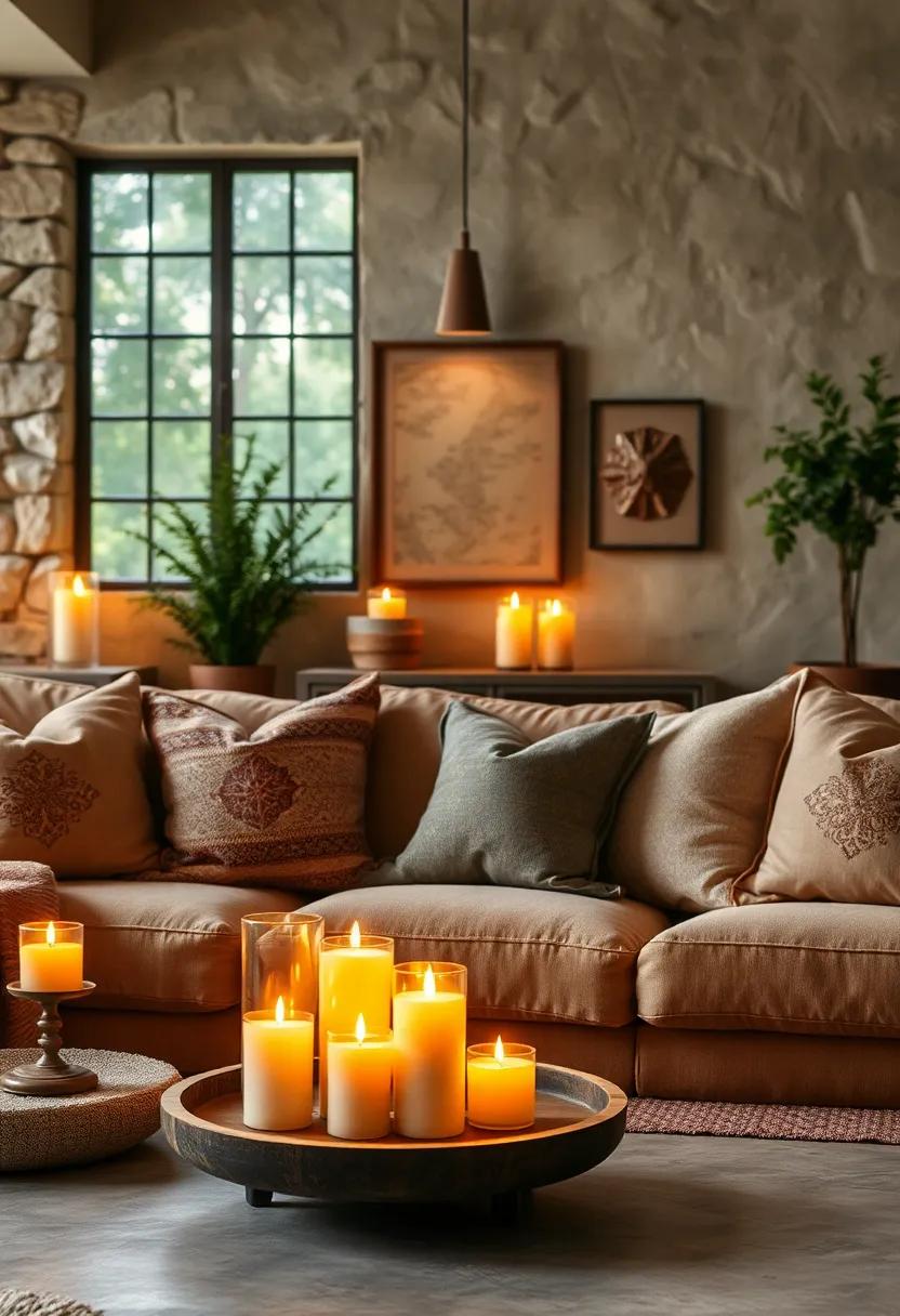 Warm, Flickering Candlelight Enhancing the Glow of Plush Cushions and Textures