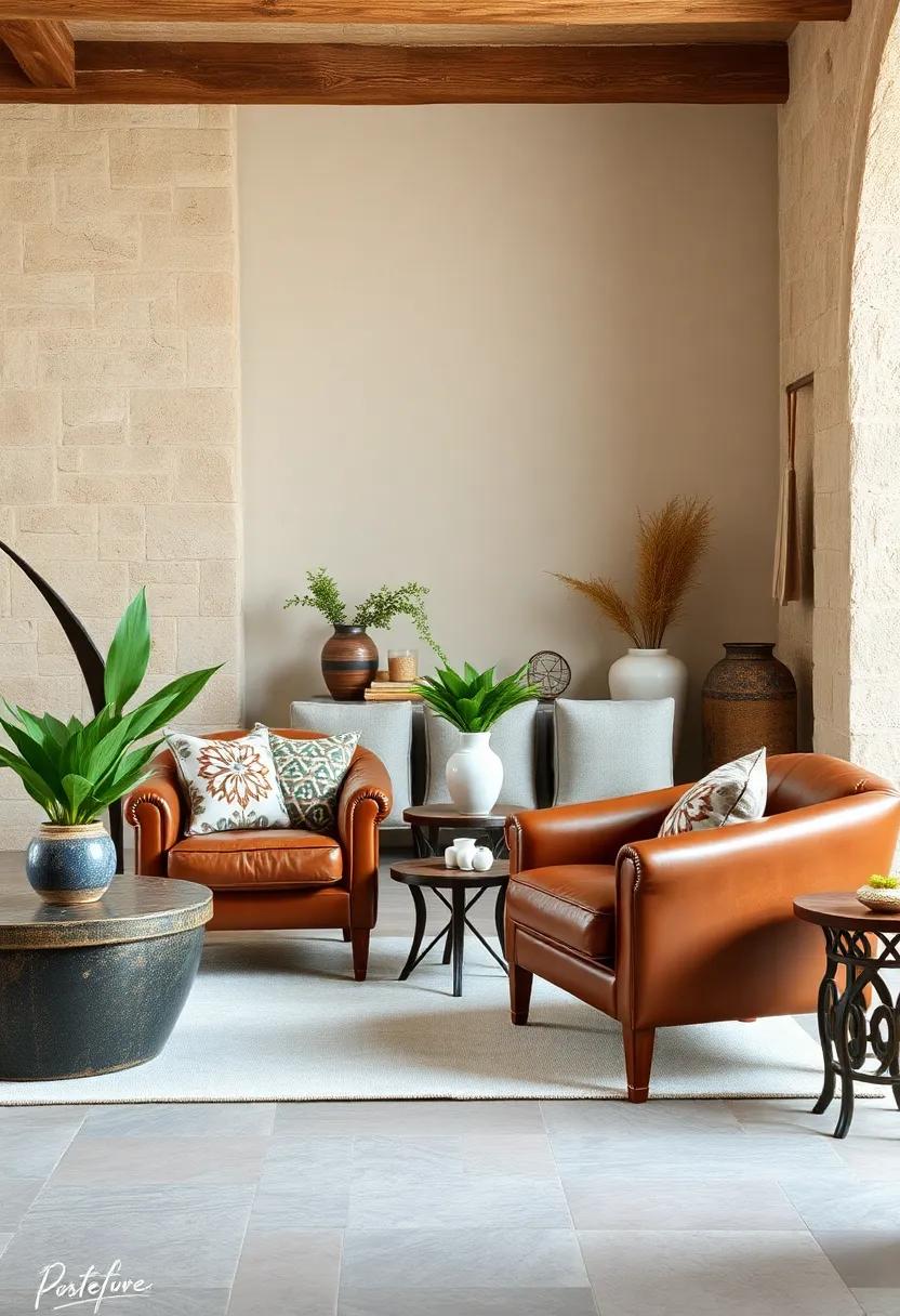 Vintage Leather Chairs Accented with Patterned Cushions for Textured Warmth