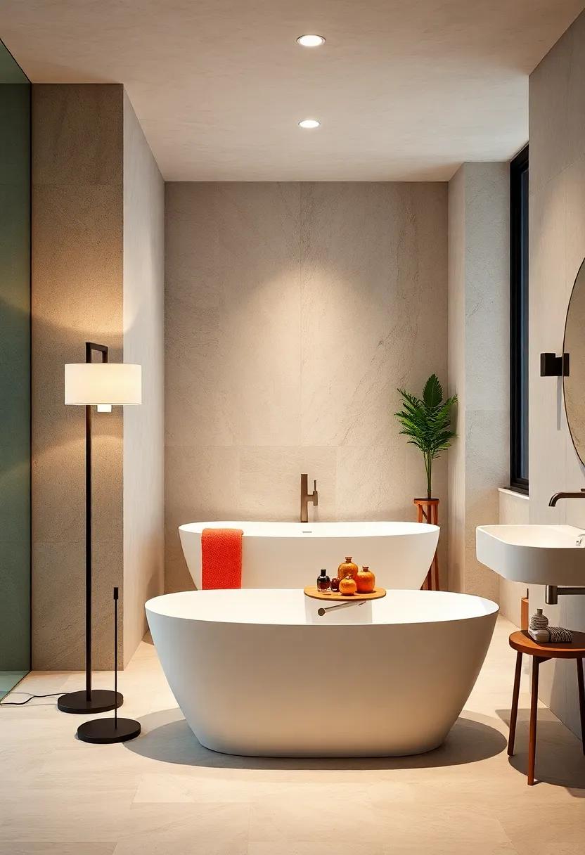 Add a sculptural floor lamp nearby to enhance the tub's modern silhouette