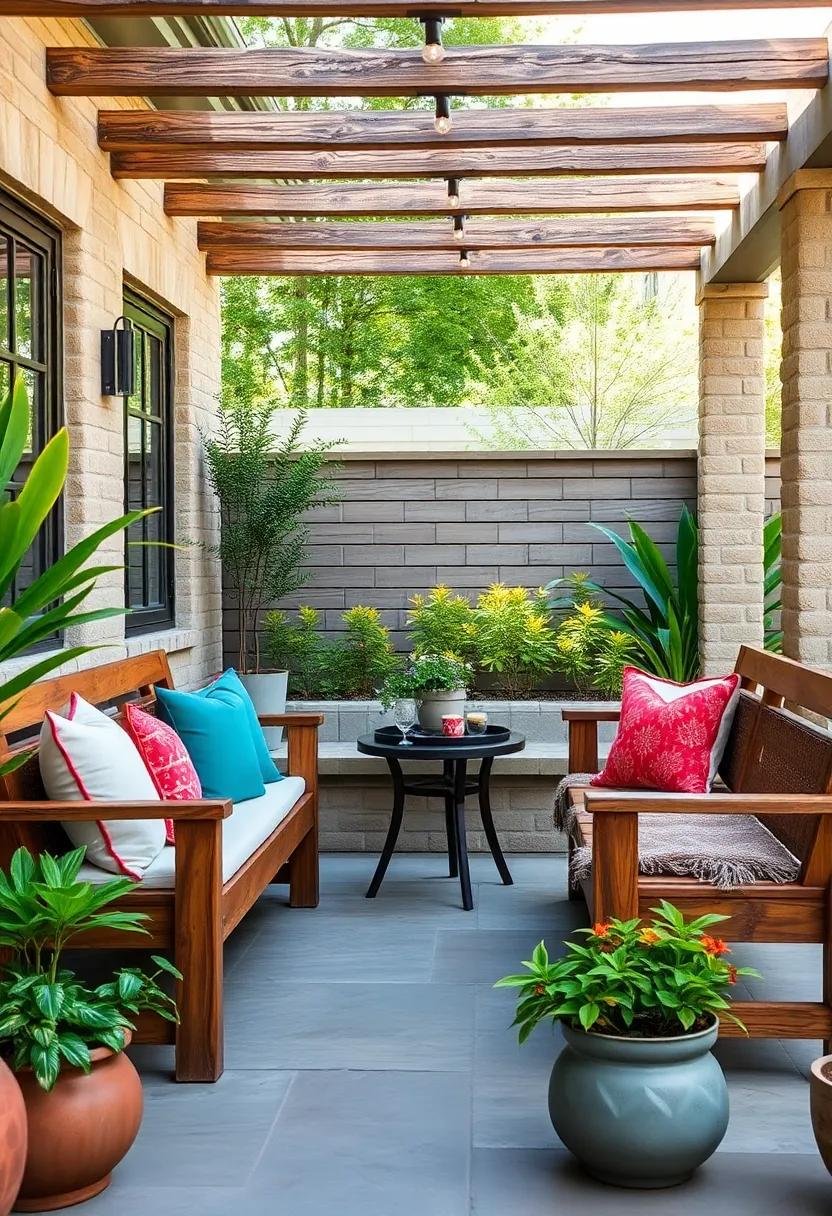 Rustic Wooden Benches Paired with ⁢Vibrant Throw Pillows