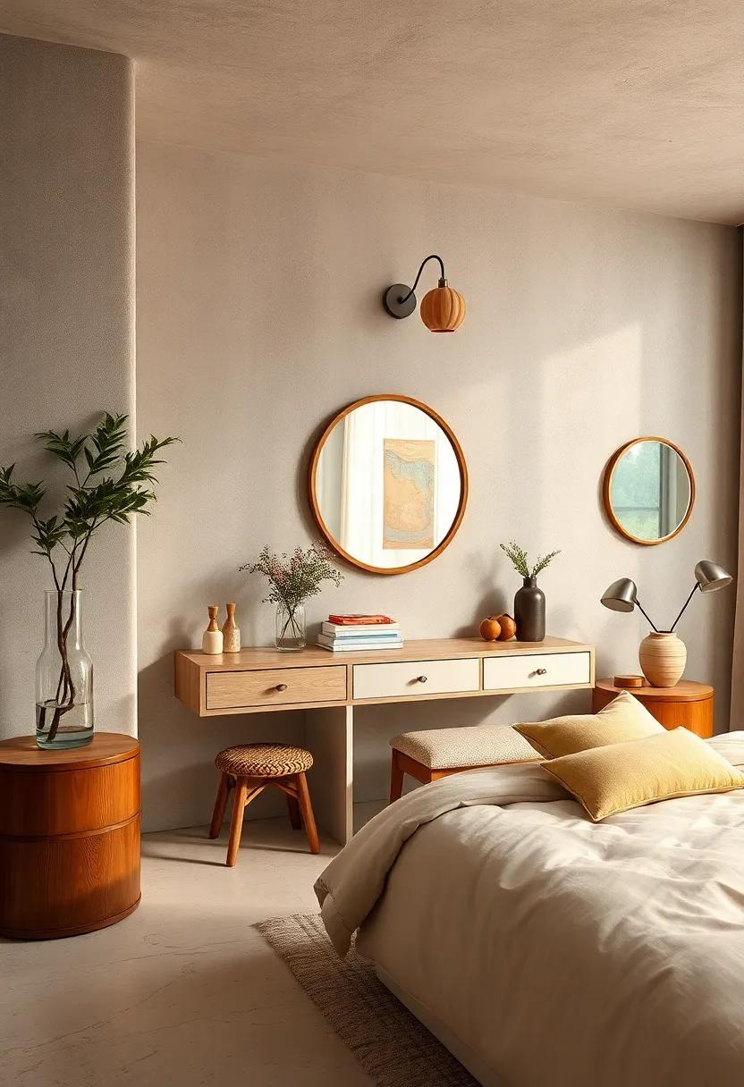 Incorporate a Retro vanity with Round Mirrors and Retro Lighting