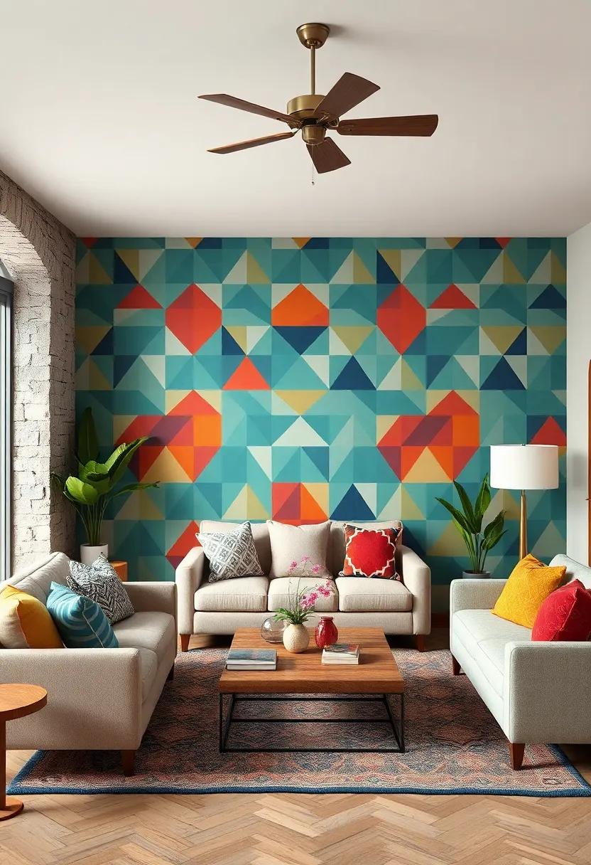 Embrace retro‌ wallpaper with bold geometric patterns to create a lively focal wall that energizes your vintage living room