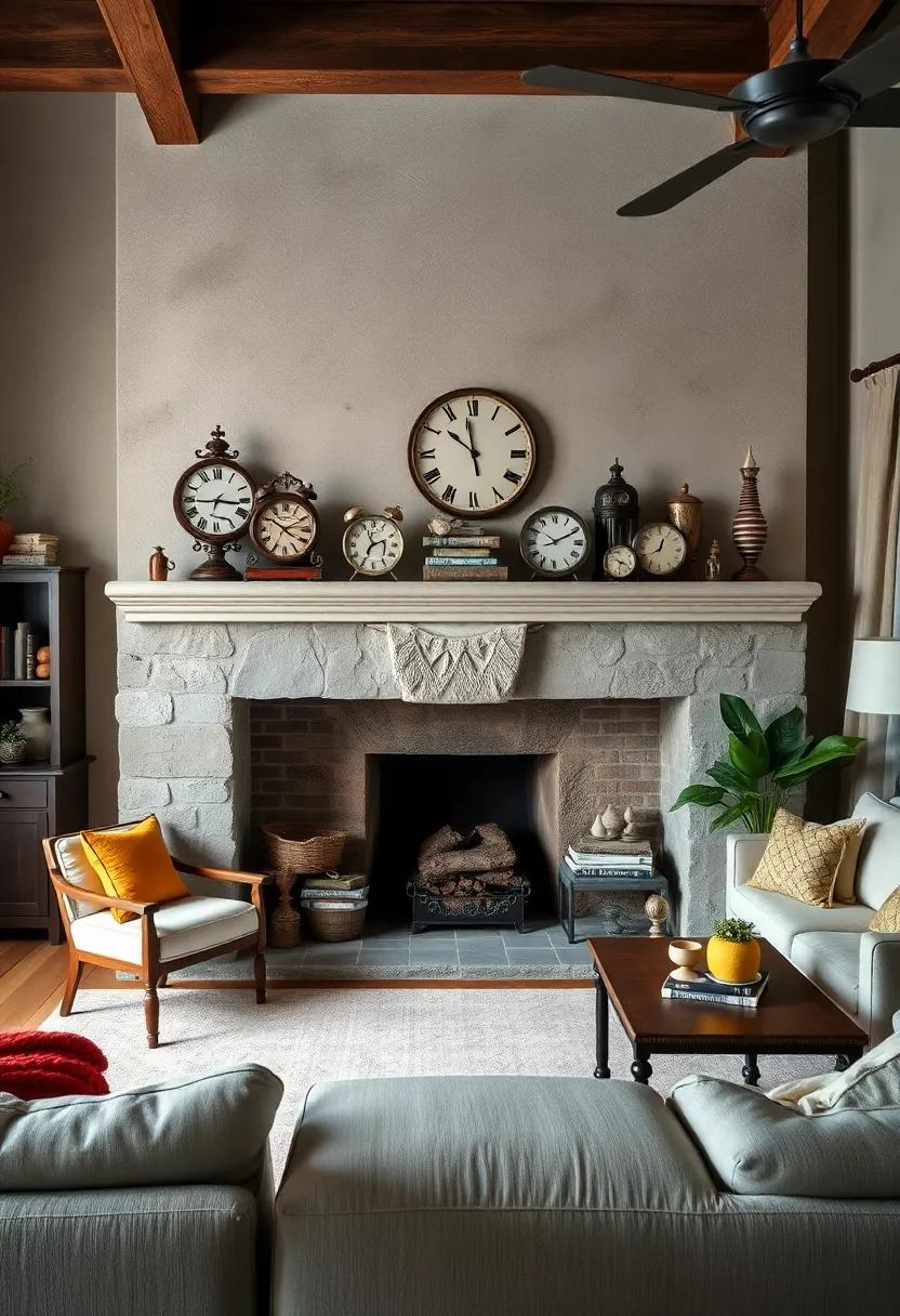 dress up your fireplace mantel with an‍ assortment of whimsical antique clocks and quirky decorative objects