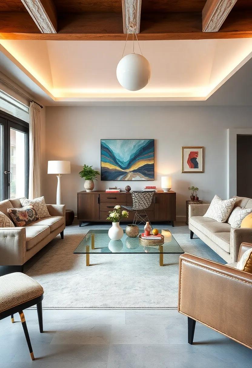 Place a retro glass ⁢coffee table ⁤with funky brass legs as a conversation-starting centerpiece in your living room