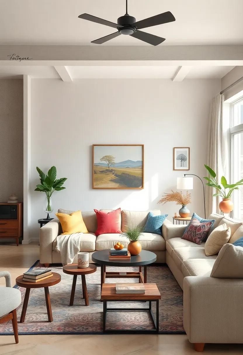 Use playful, mismatched side tables in various vintage ⁣finishes to create an eclectic and charming living room layout