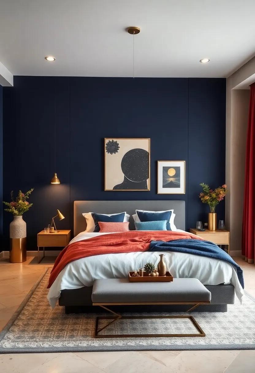 Embrace deep navy walls for a rich, calming atmosphere that exudes sophistication and pairs beautifully with gold accents