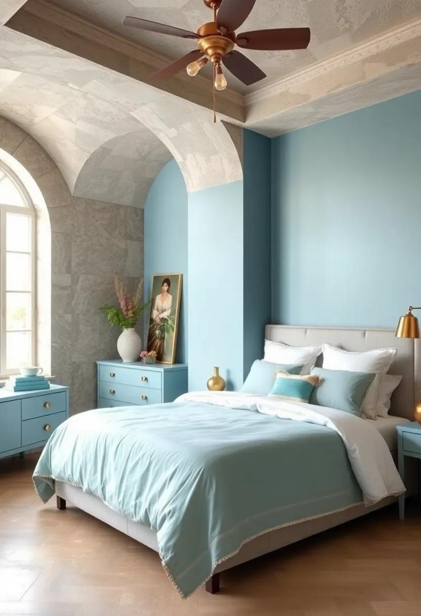 Use pastel blue shades with silver accents for a dreamy, ethereal bedroom retreat