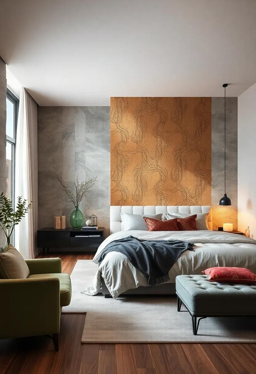 Create an accent wall with textured wallpaper in metallic hues to bring dimension and opulence to your bedroom