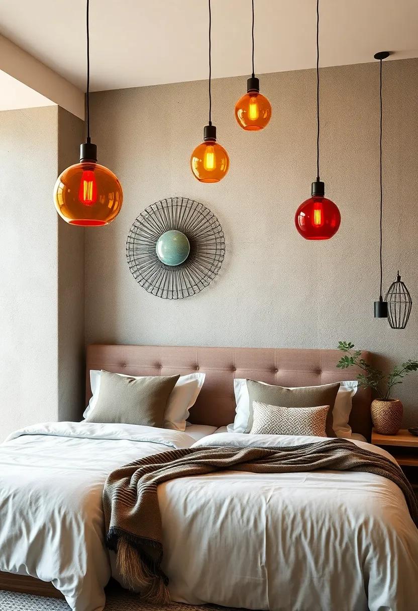 Colored glass Pendants: Use vibrant, colored glass shades to introduce pops of color and artistic flair above your nightstands