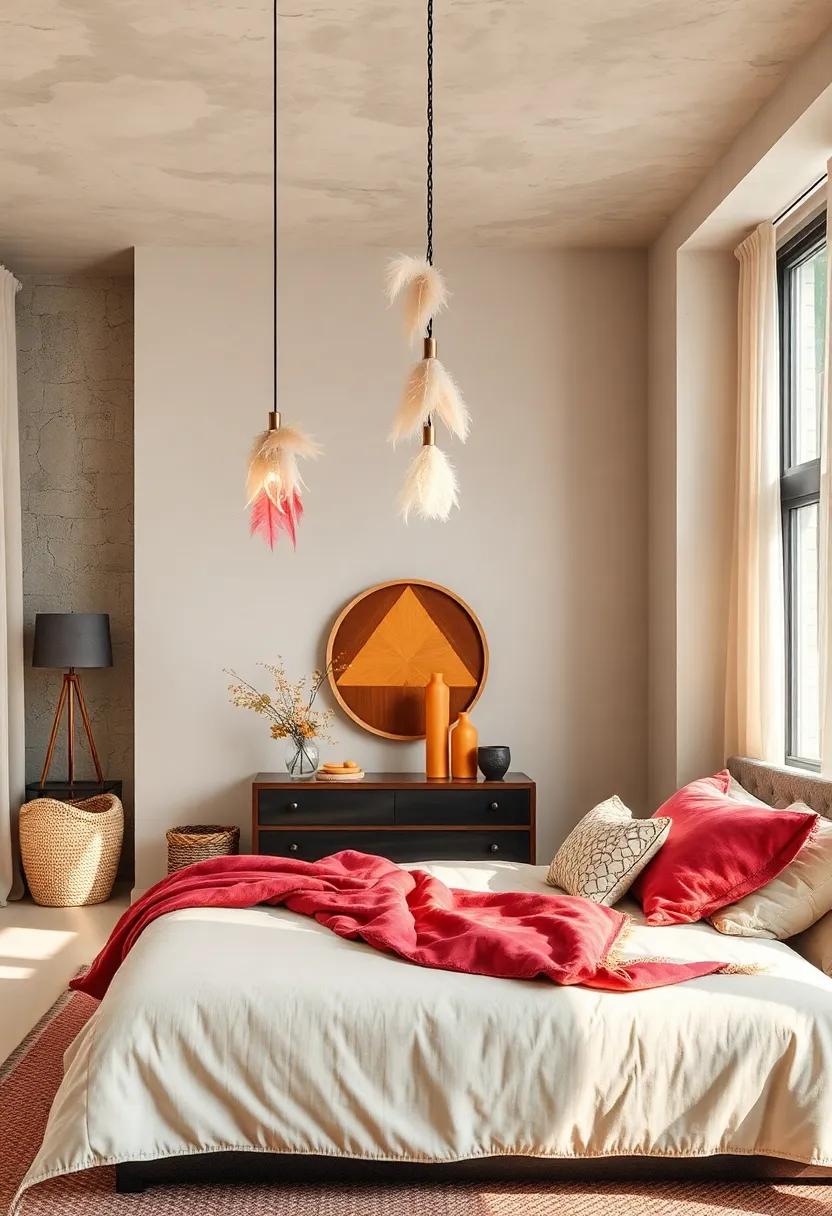 Feather-Adorned Hangings: Elevate your lighting with feather accents that bring softness and natural beauty to your bedroom