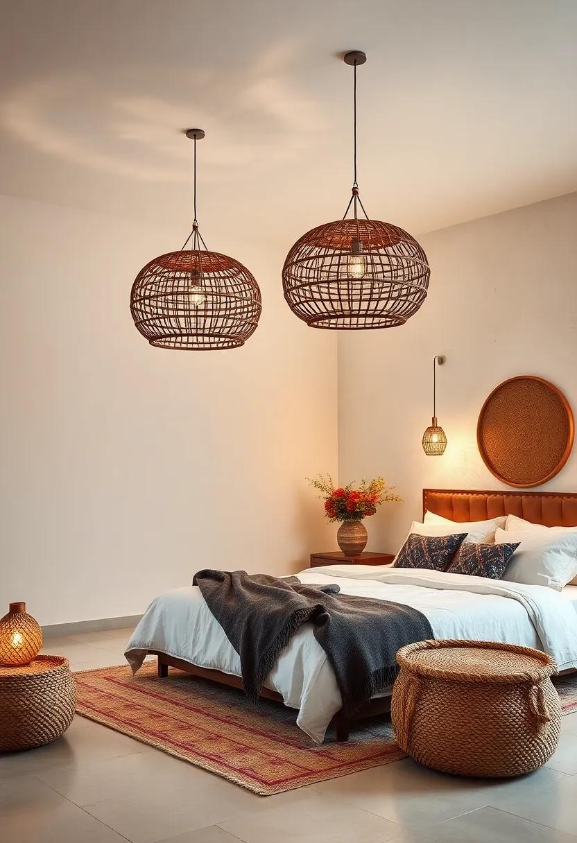 Handwoven Basket Lights: Hang handwoven baskets as light covers to merge function with rustic artistry