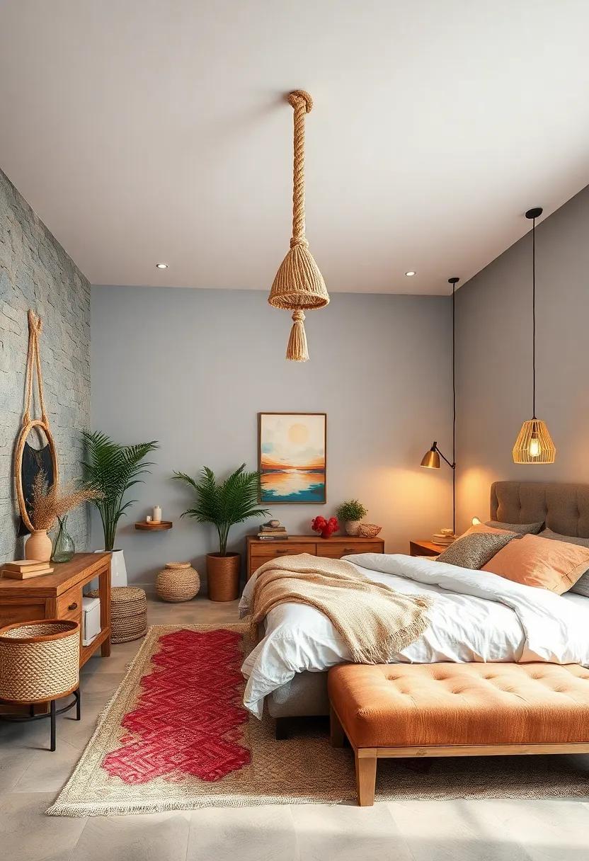 Knotted Rope Lighting: Install knotted rope pendants to infuse nautical boho vibes and tactile interest overhead