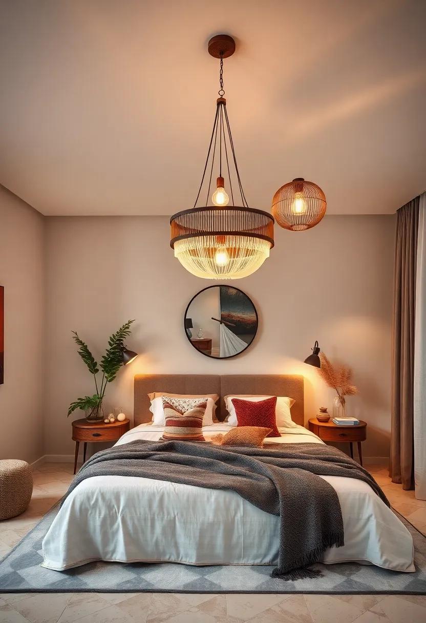 Mixed Material Chandeliers: Combine metal, wood, and fabric in one statement chandelier to showcase layered boho textures