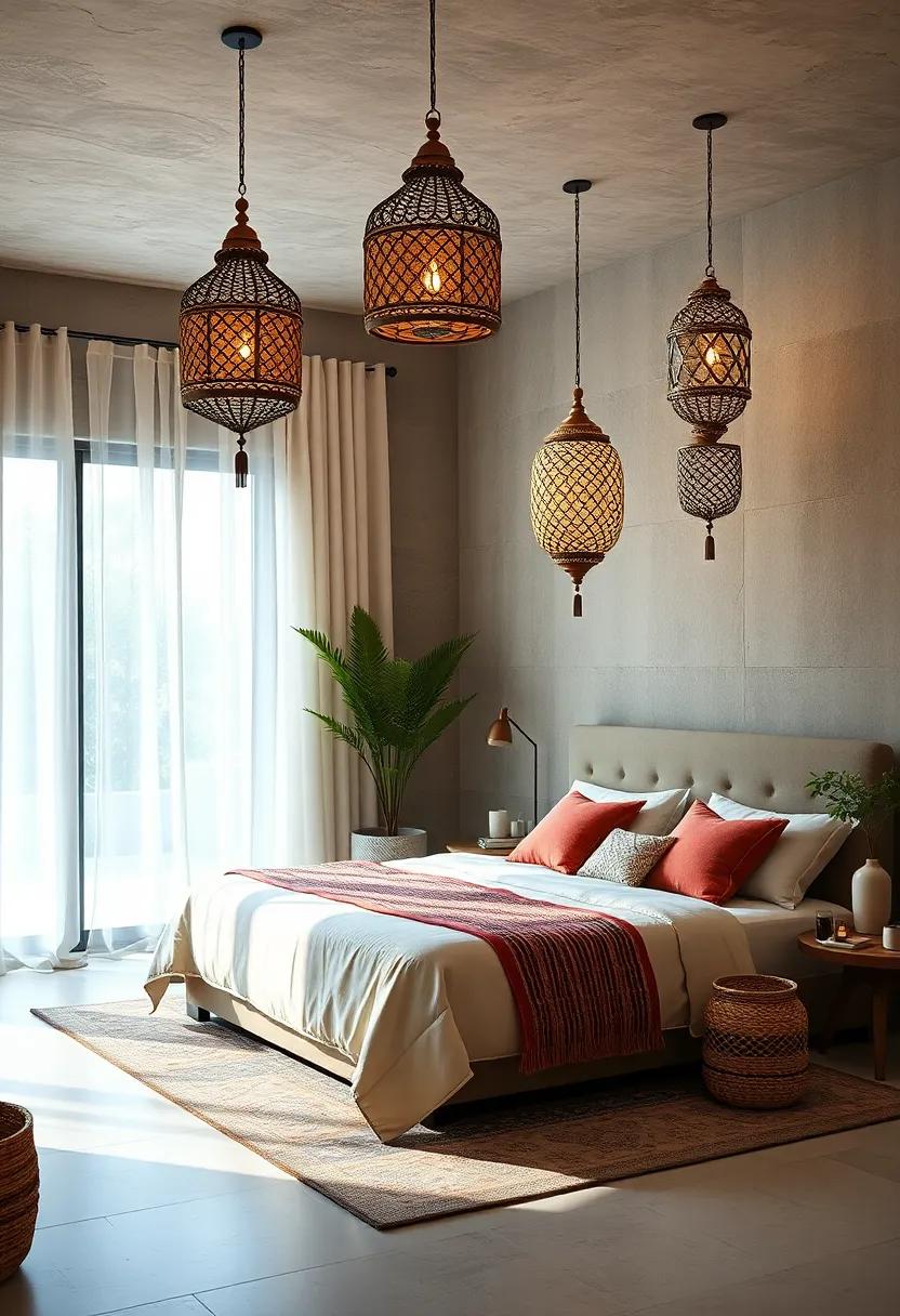 Moroccan Lanterns: Add exotic, intricate patterns using Moroccan-style hanging lanterns for a touch of global flair