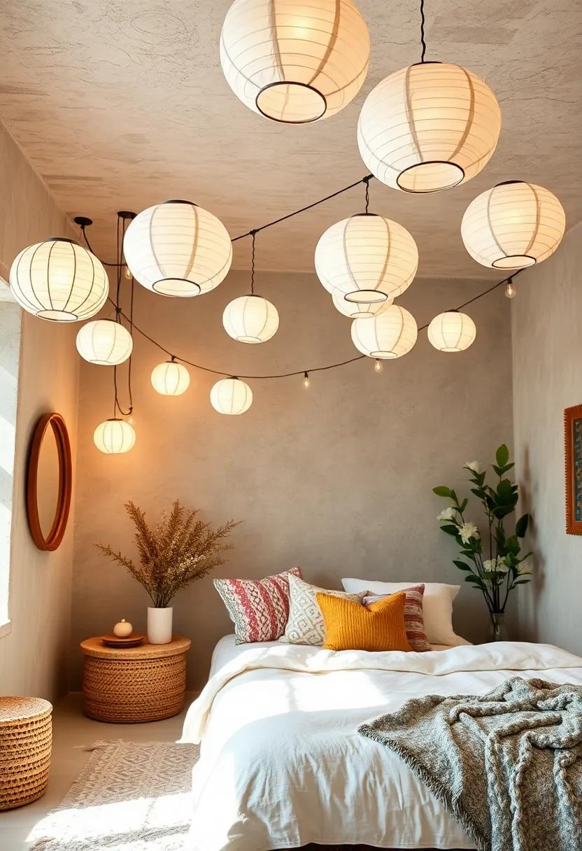 Paper Lantern strings: Use strings of delicate paper lanterns for whimsical, gentle illumination ideal for a boho sanctuary