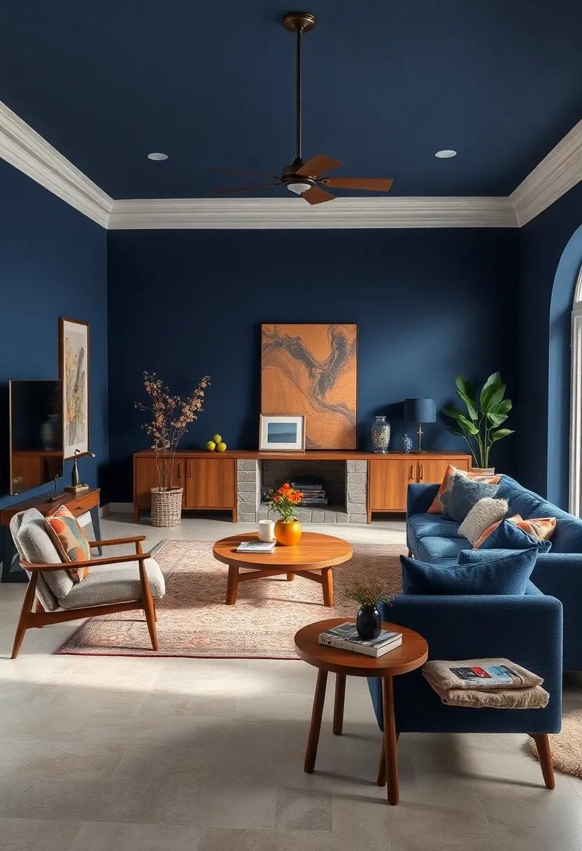 Embrace a deep navy blue palette paired with mid-century modern furniture for a sophisticated vintage feel