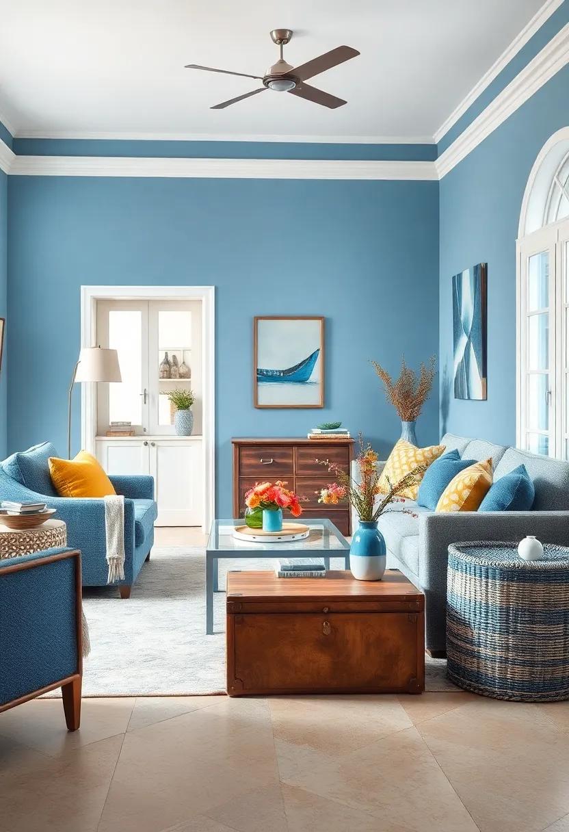 layer blue woven baskets and trunks as functional vintage storage solutions with charm