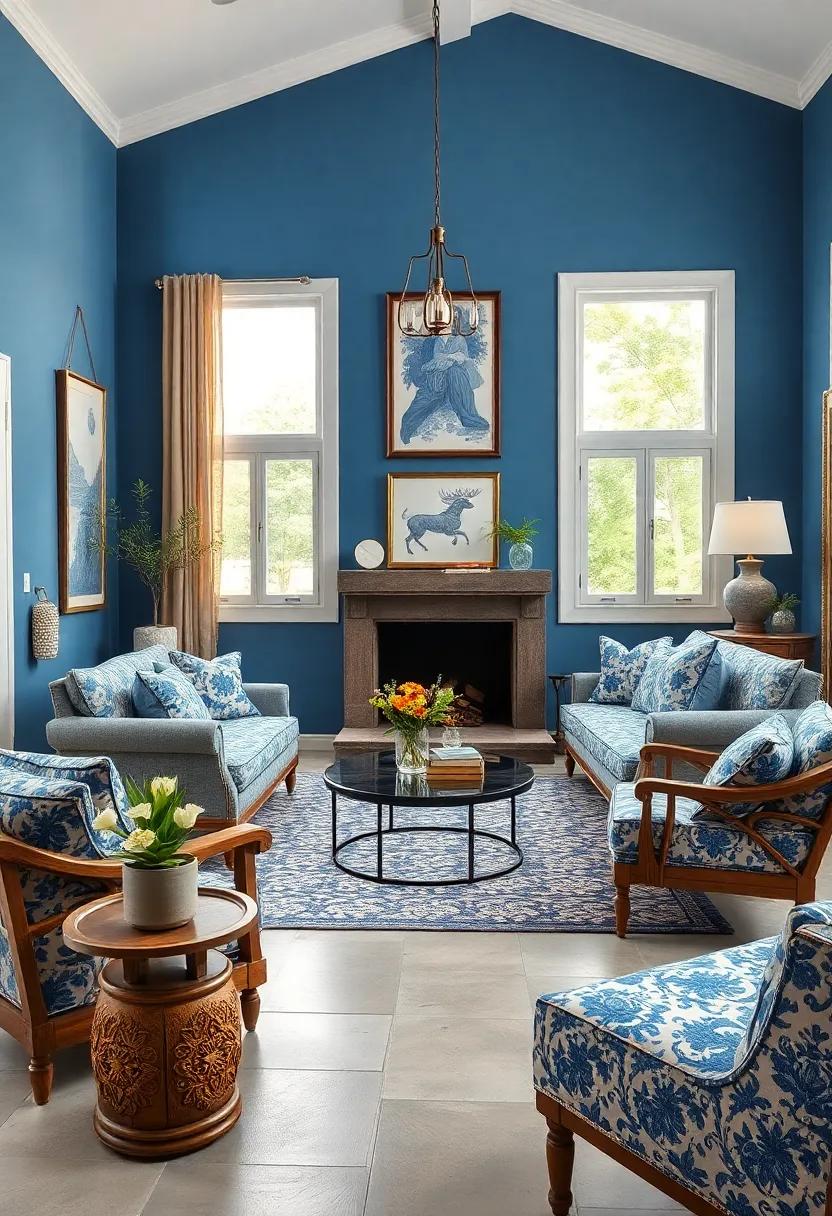 Blend traditional blue toile upholstery with rustic wooden frames for a refined yet homey touch