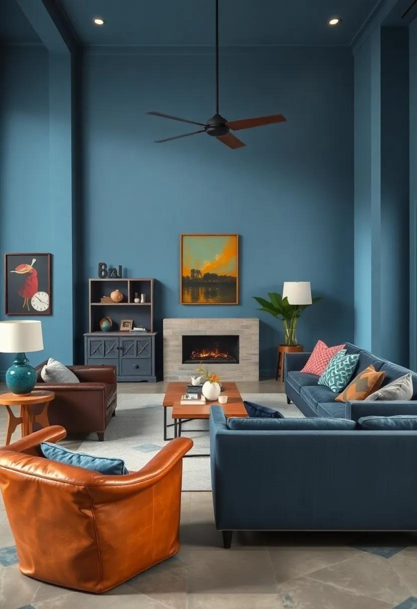 Blend muted blue tones with aged leather accessories for a warm, lived-in vintage appeal