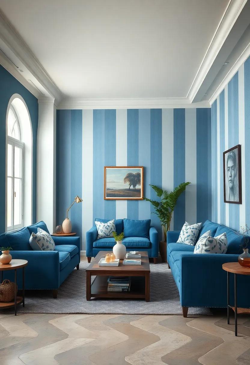 Opt for a classic blue and cream striped wallpaper to add depth and nostalgia