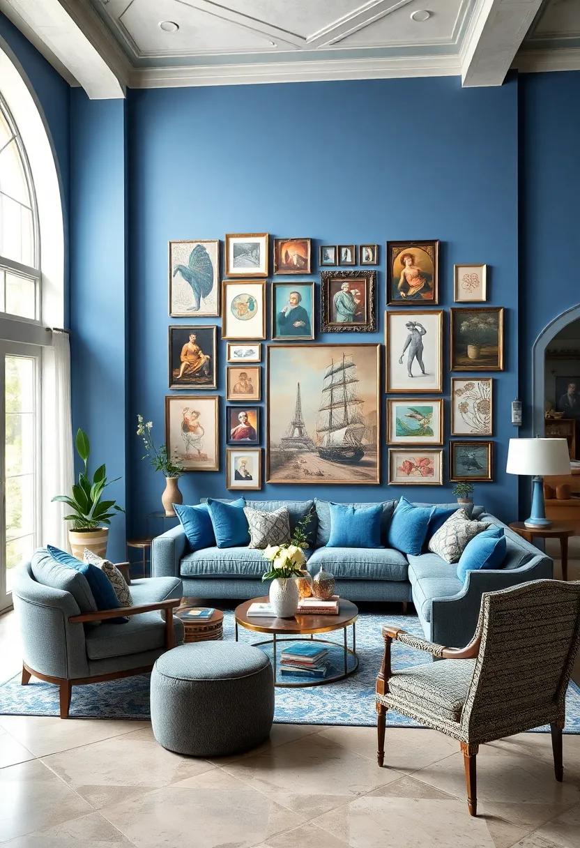 Incorporate an eclectic gallery wall featuring blue-toned antique art and prints