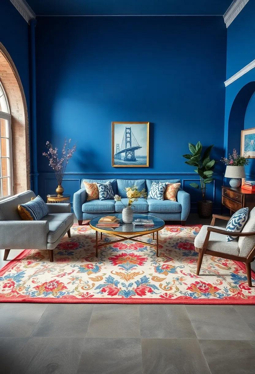 Use vintage floral patterned rugs in shades of blue to anchor your seating area with character