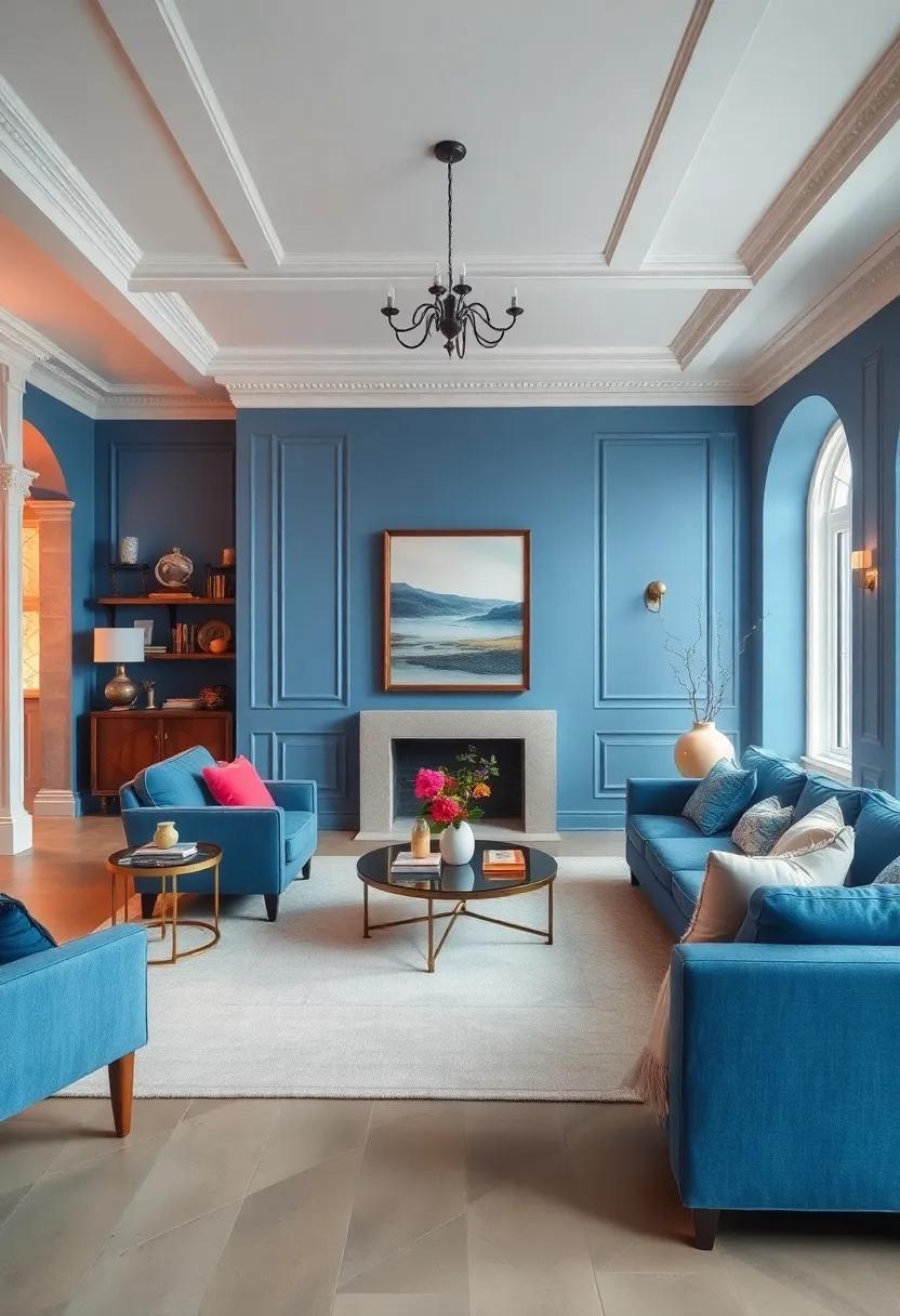Highlight architectural moldings painted in rich blue hues for added historical integrity