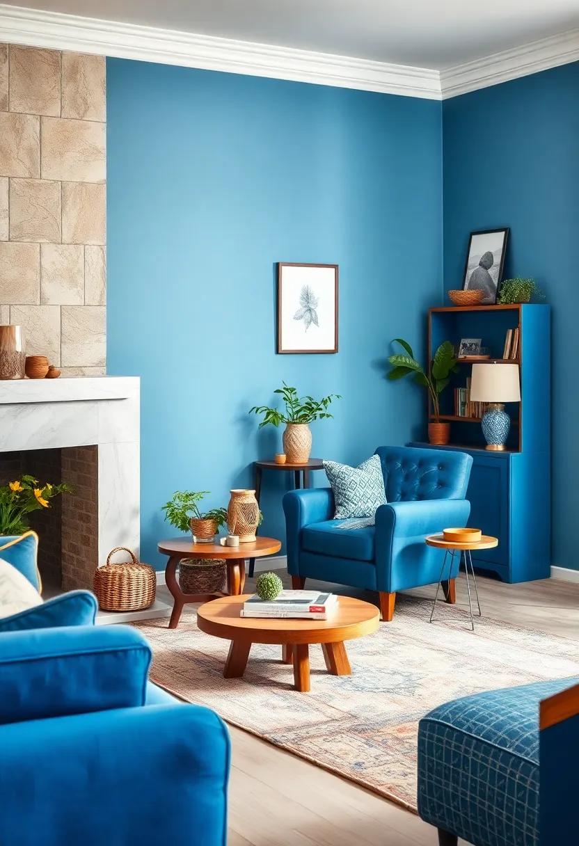 Position a vintage blue leather armchair to create a statement reading nook