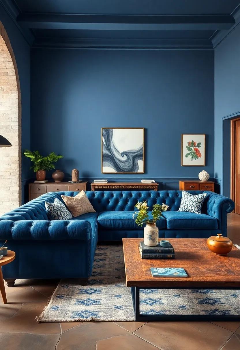 Select classic blue Chesterfield sofas combined with distressed wooden coffee tables