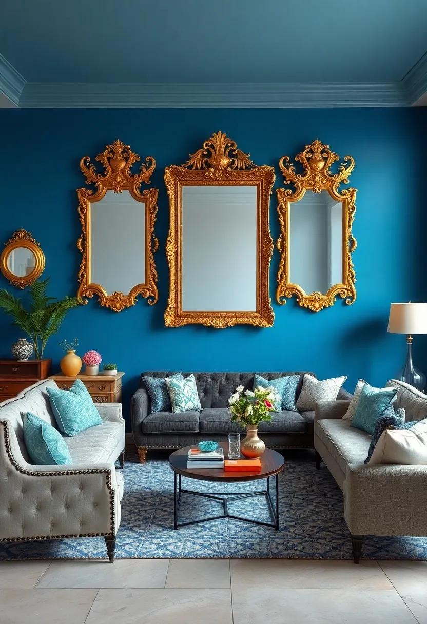 accentuate blue walls with ornate gold-framed mirrors to evoke a regal vintage ambiance