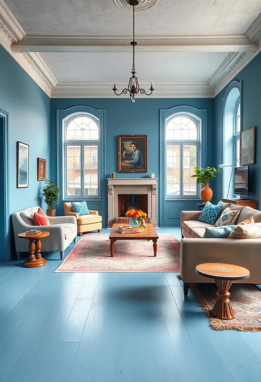 use pale blue painted floors paired with weathered antique rugs to give an old-world feel