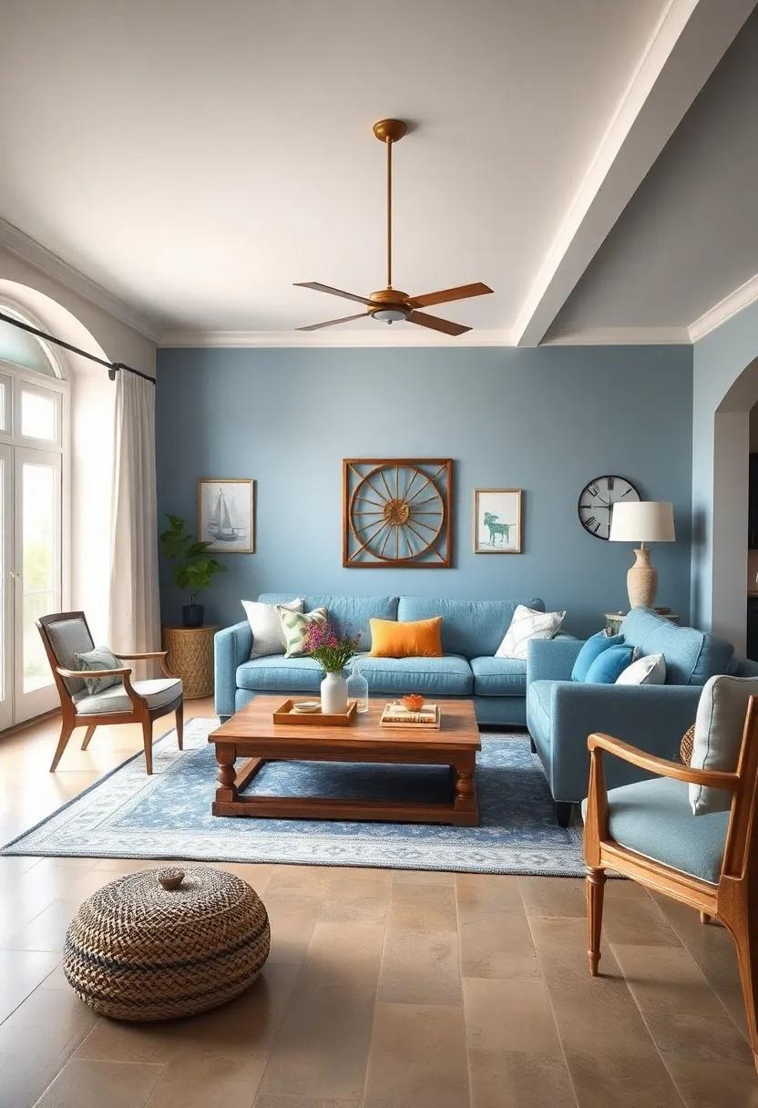 Incorporate distressed blue-painted wooden cabinets to add rustic charm to your living space