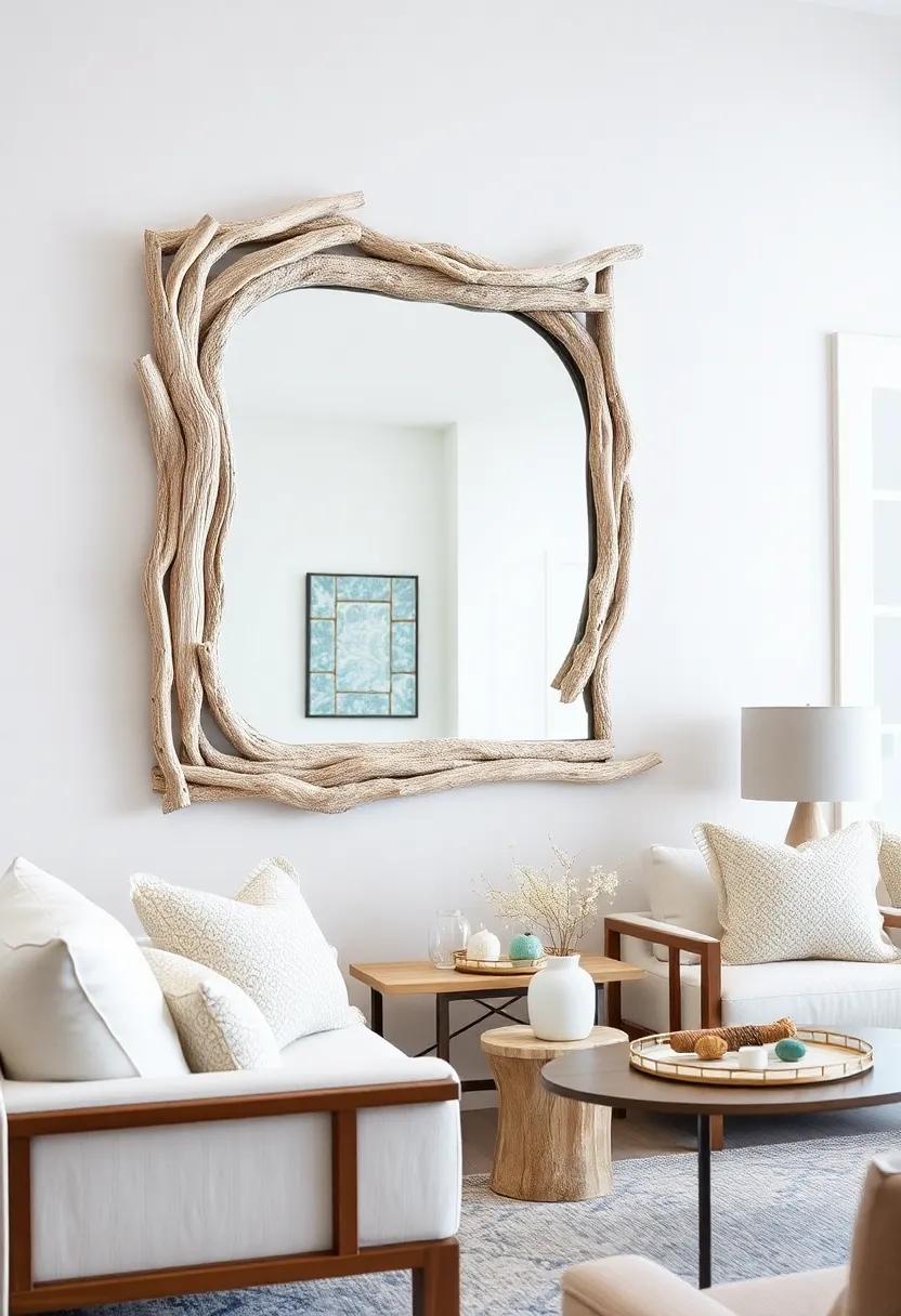 Coastal Driftwood Mirror Frames: Frame your mirrors with textured driftwood to add a rustic beach vibe to any room
