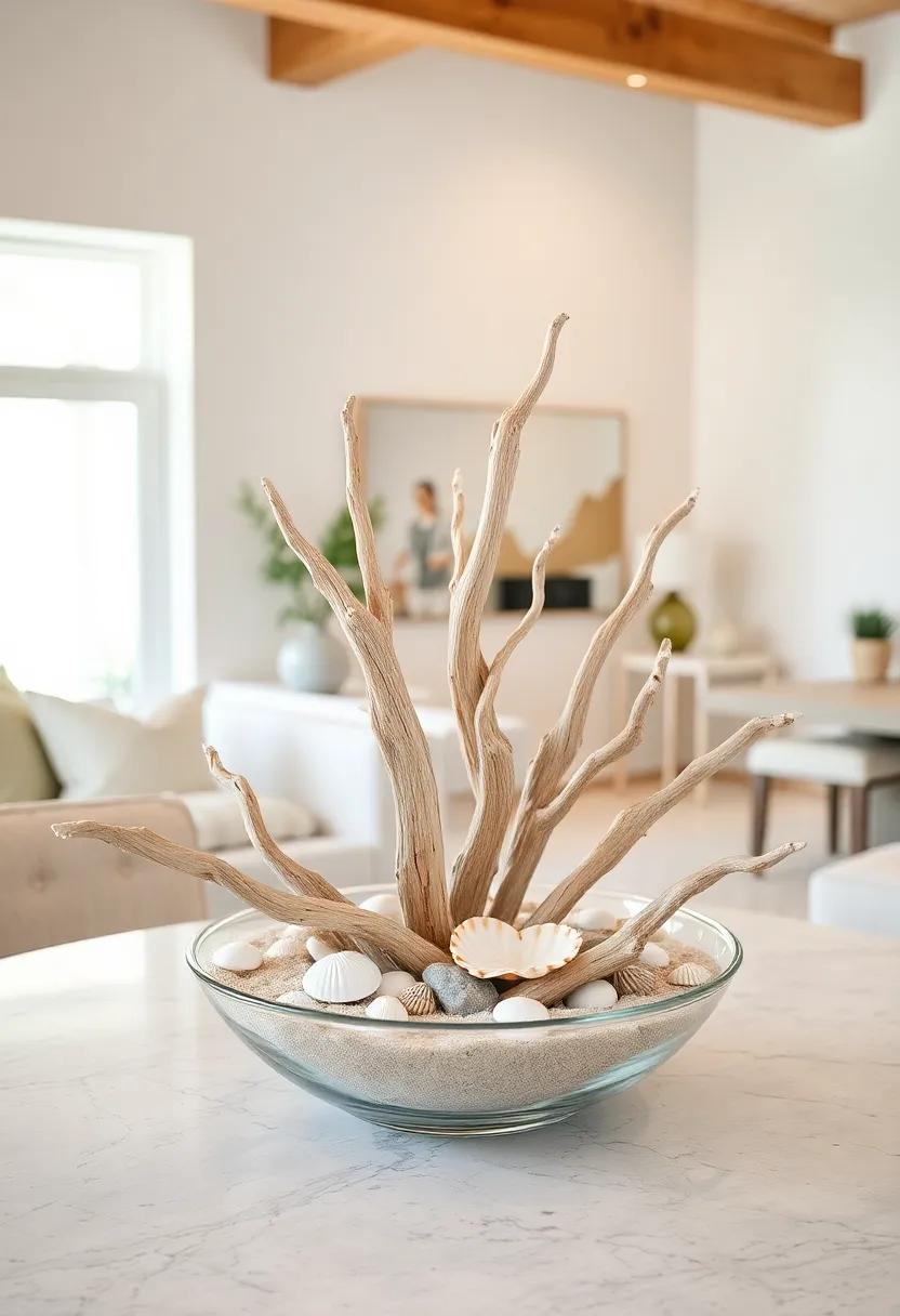 Driftwood Centerpieces: Arrange smooth driftwood with shells and sand in a glass bowl or tray for a stunning table centerpiece