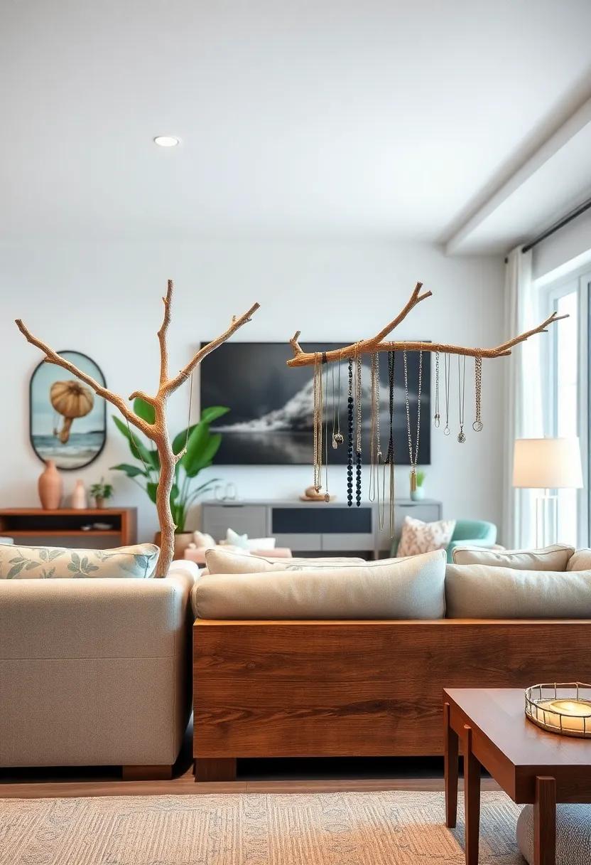 Driftwood Jewelry Holders: Use driftwood branches to display necklaces and bracelets in a unique, organized fashion