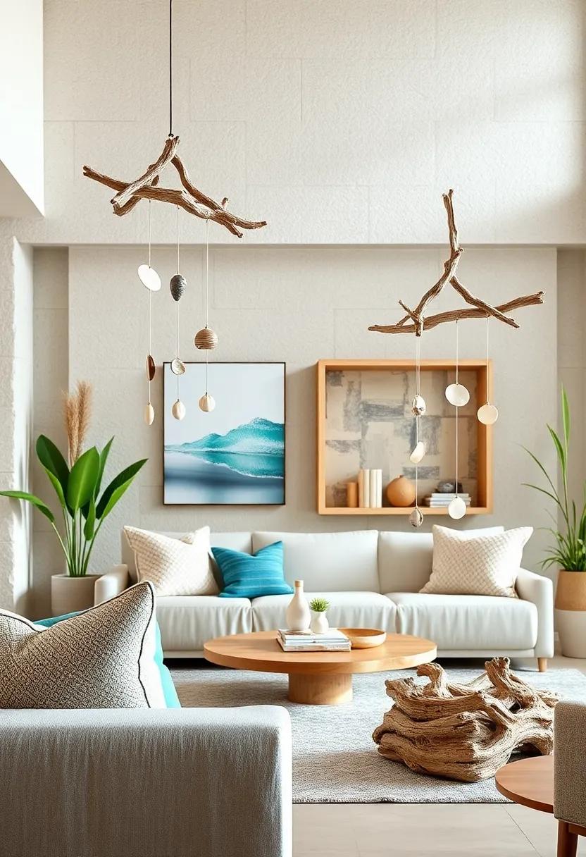 Driftwood Mobile Decorations: Hang delicate shells and glass pieces from a driftwood base to craft whimsical mobiles