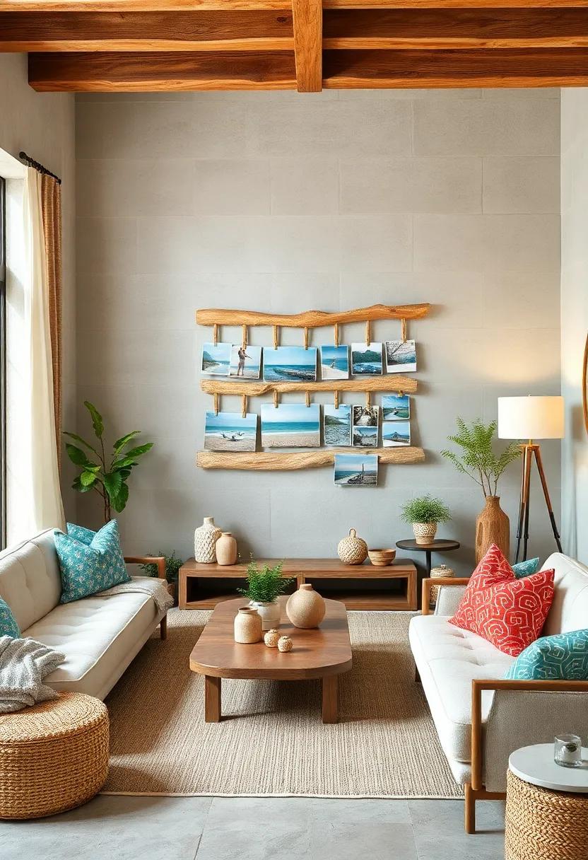 Driftwood photo Display: Use natural wood pieces to hang and showcase your favorite beach memories with clips or wire