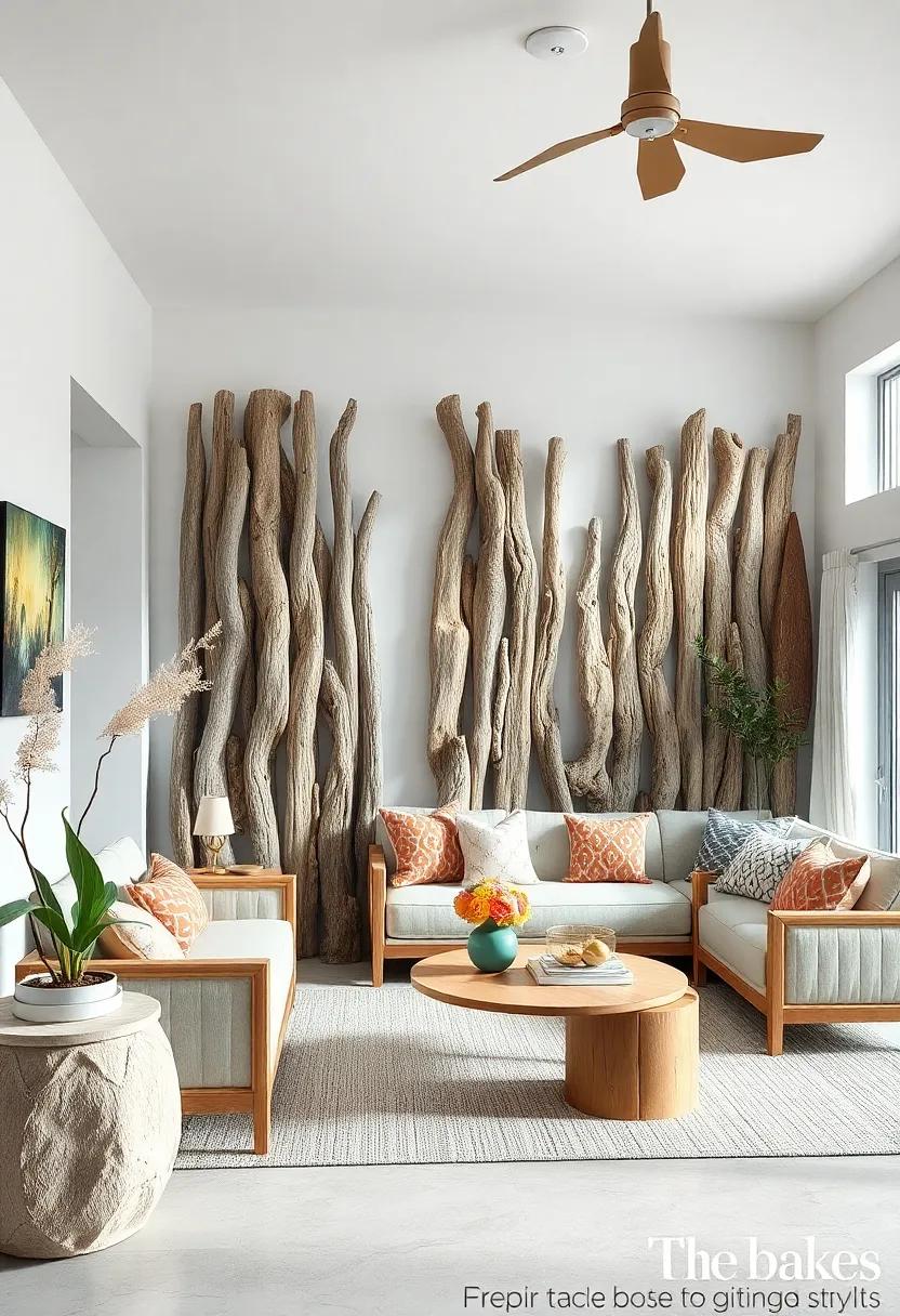 Driftwood Room Dividers: Construct a breezy room divider using vertical driftwood pieces to subtly separate spaces