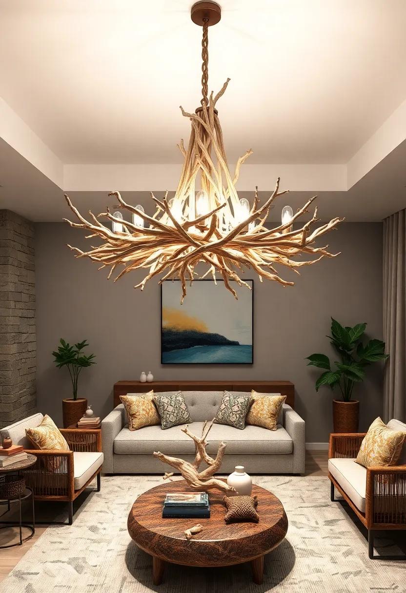 Nautical Driftwood chandelier: Design an elegant chandelier using intertwined driftwood branches for a statement lighting piece