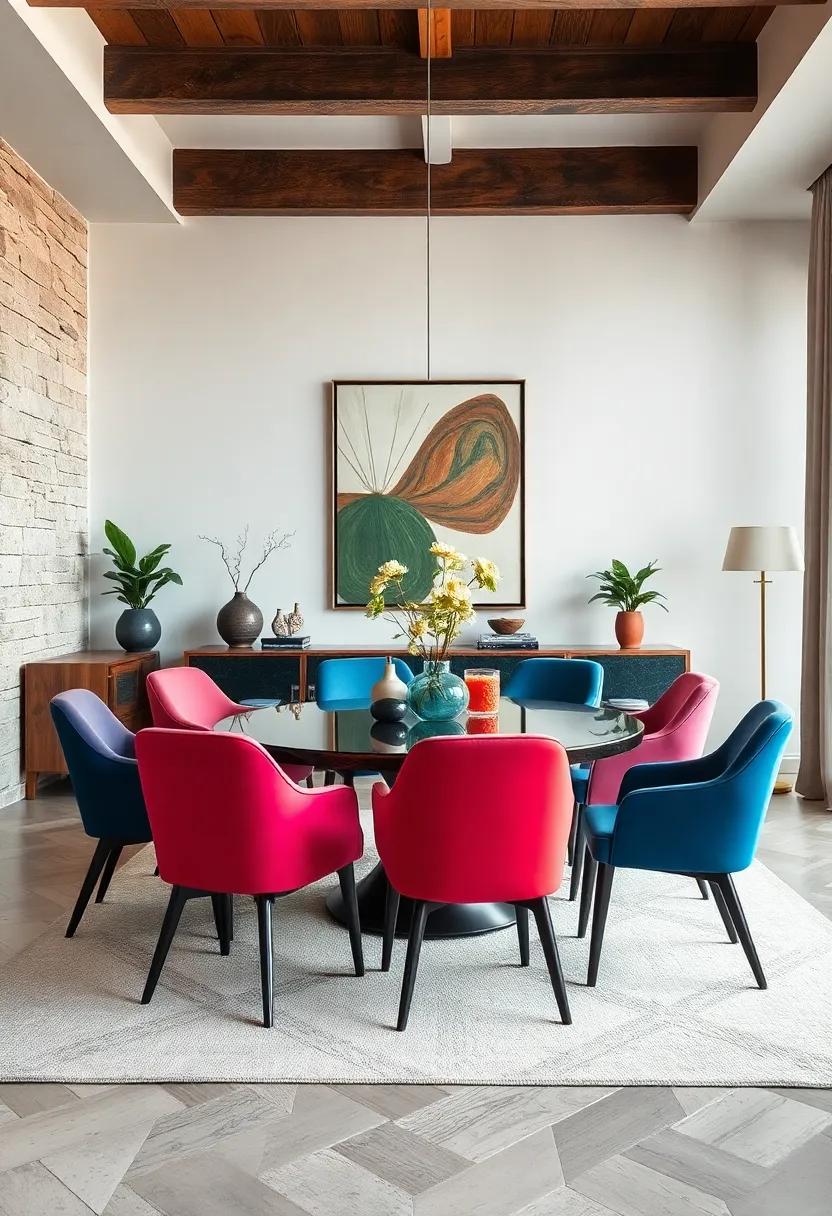 Bold Color Blocking Using Chairs in Different Hues Around a Neutral Table