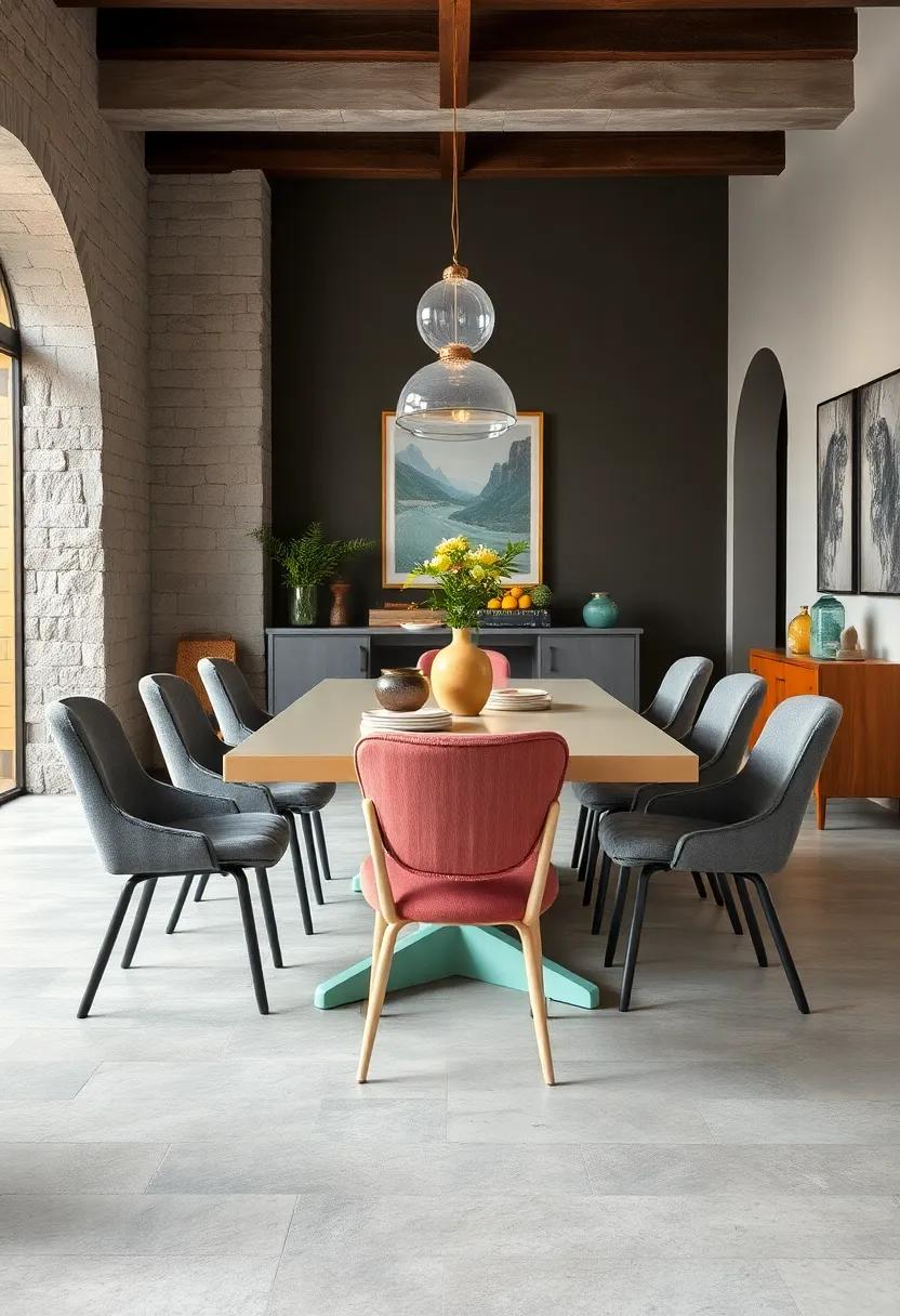 Eclectic Blend of Vintage Chairs Around a bold Painted Table