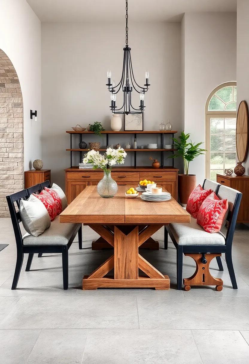 Farmhouse Style Dining Set Featuring a Weathered Wood Table and Bench Seating