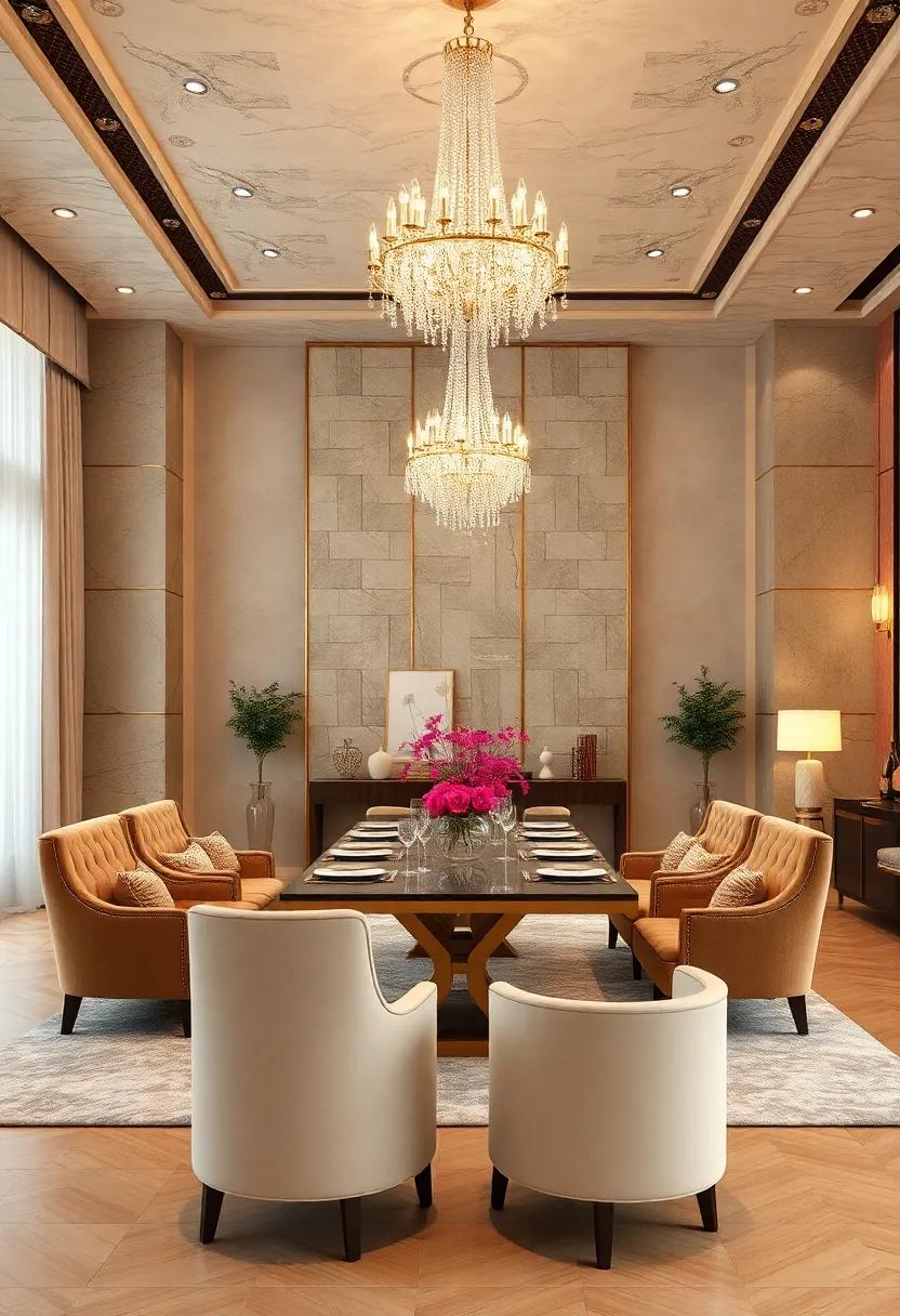 Glamorous Dining Room with Crystal Chandeliers and Plush Seating Arrangement