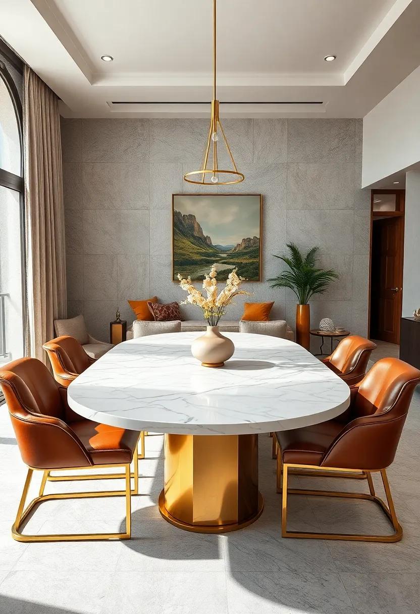Oval marble Table with Gold Accents Paired with Leather Upholstered Chairs