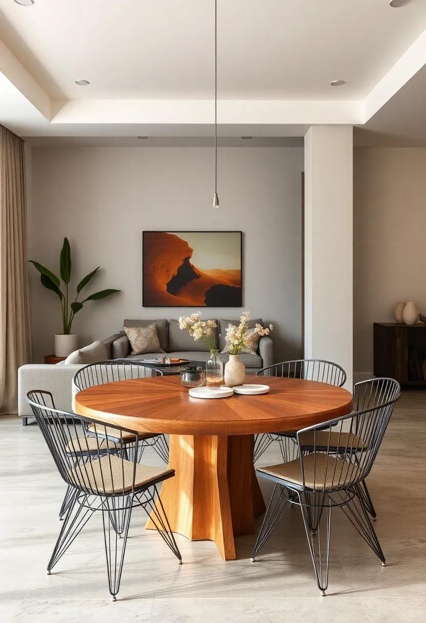 Round Wooden Table Paired with sleek Metal Chairs for a Modern Twist