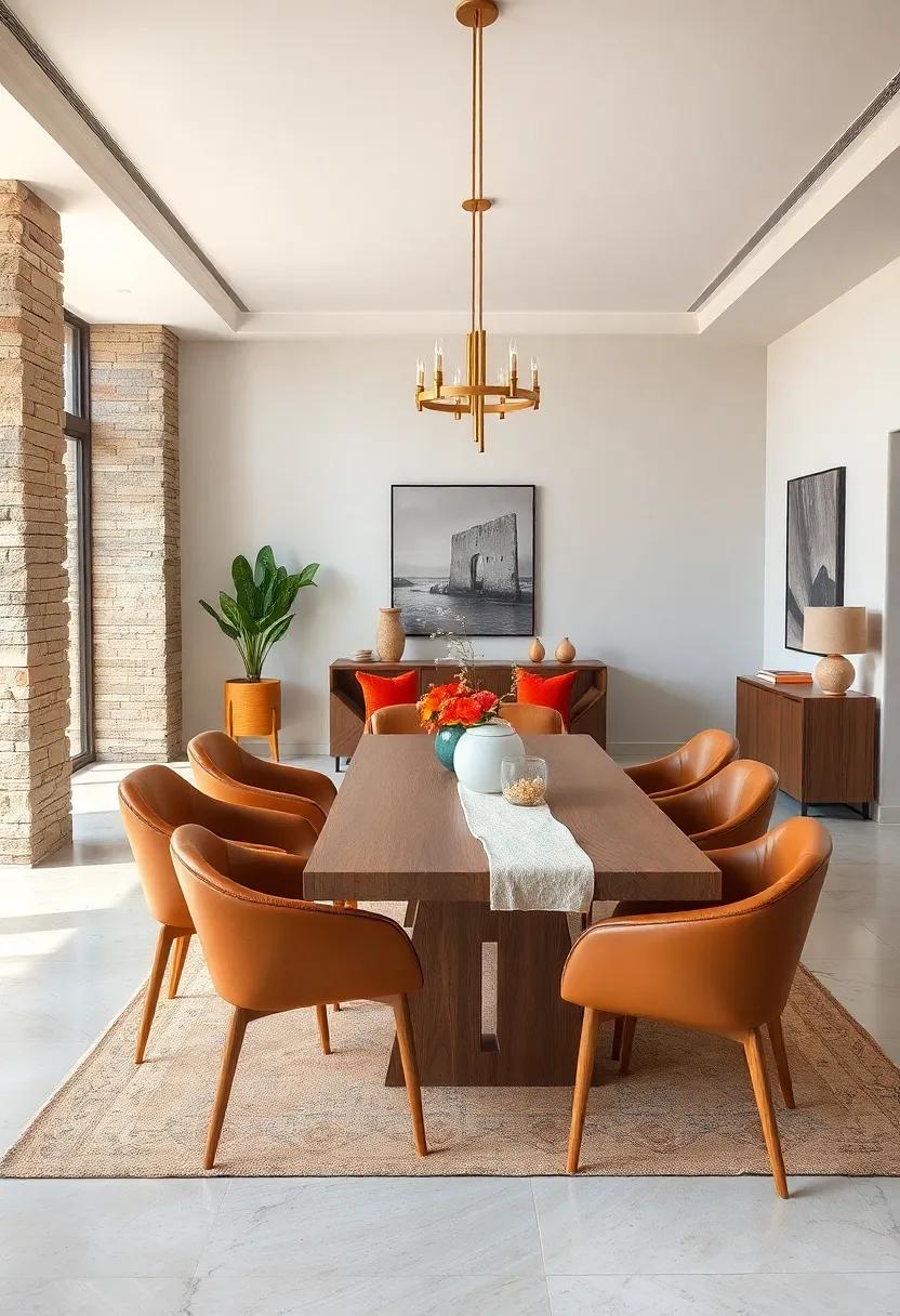 Warm Earth tone Palette Featuring Leather chairs and Walnut Table