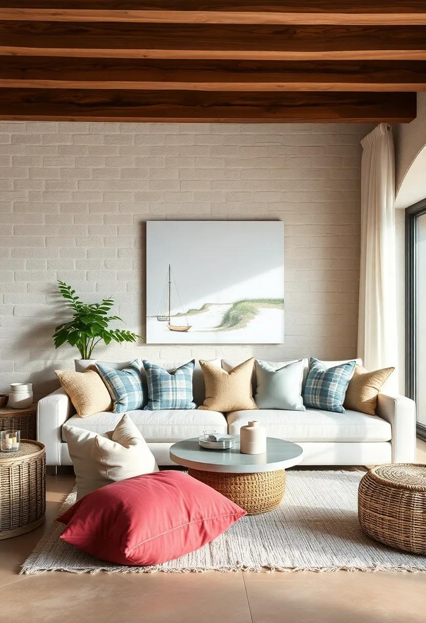 Coastal Calm: Choose pillows with soft blues, sandy hues, and sea-inspired patterns for a relaxed beach-house ambiance