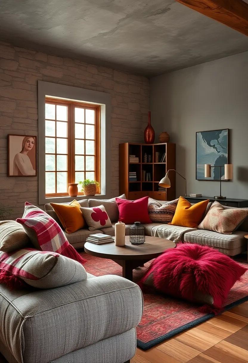 Cozy Cabin: Combine flannel, wool, and faux fur pillows in warm tones to evoke a snug mountain retreat feel