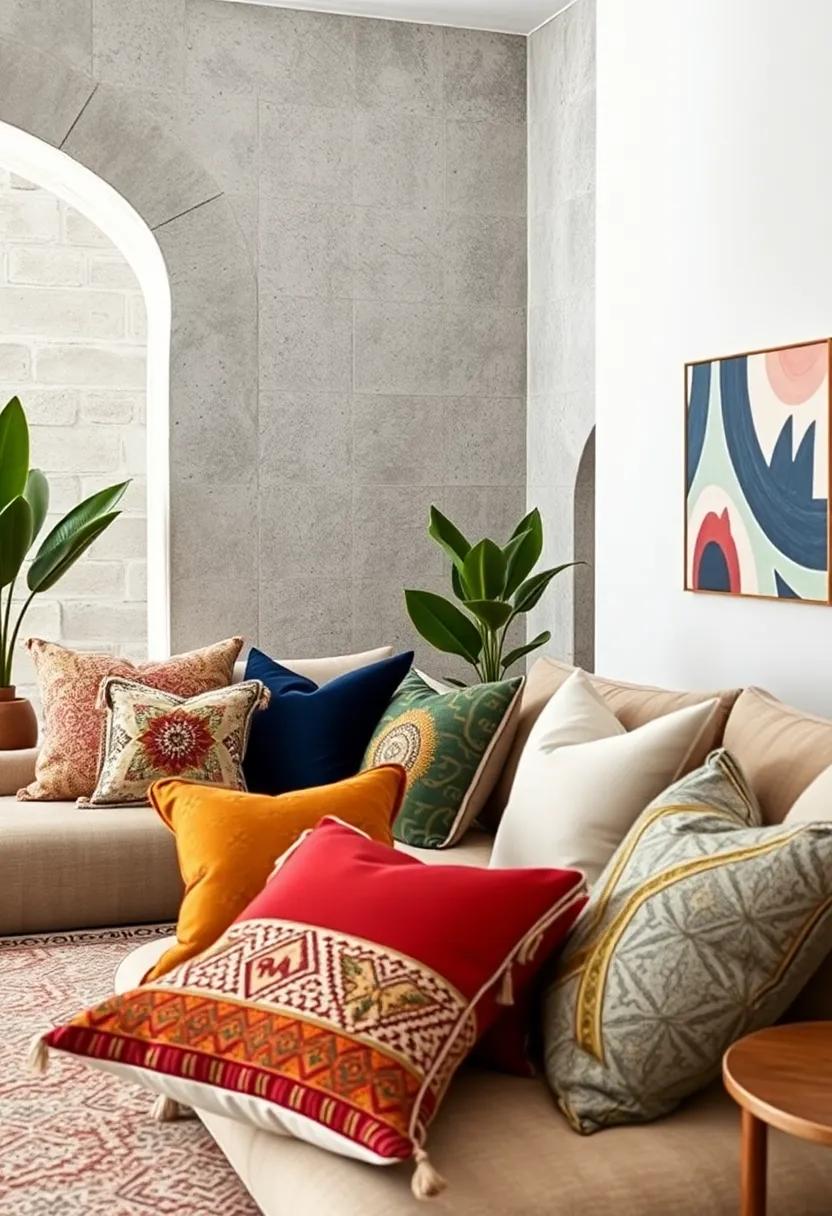 Cultural Fusion: Layer pillows inspired by diverse cultural textiles, from Moroccan to Indian, to celebrate worldly craftsmanship
