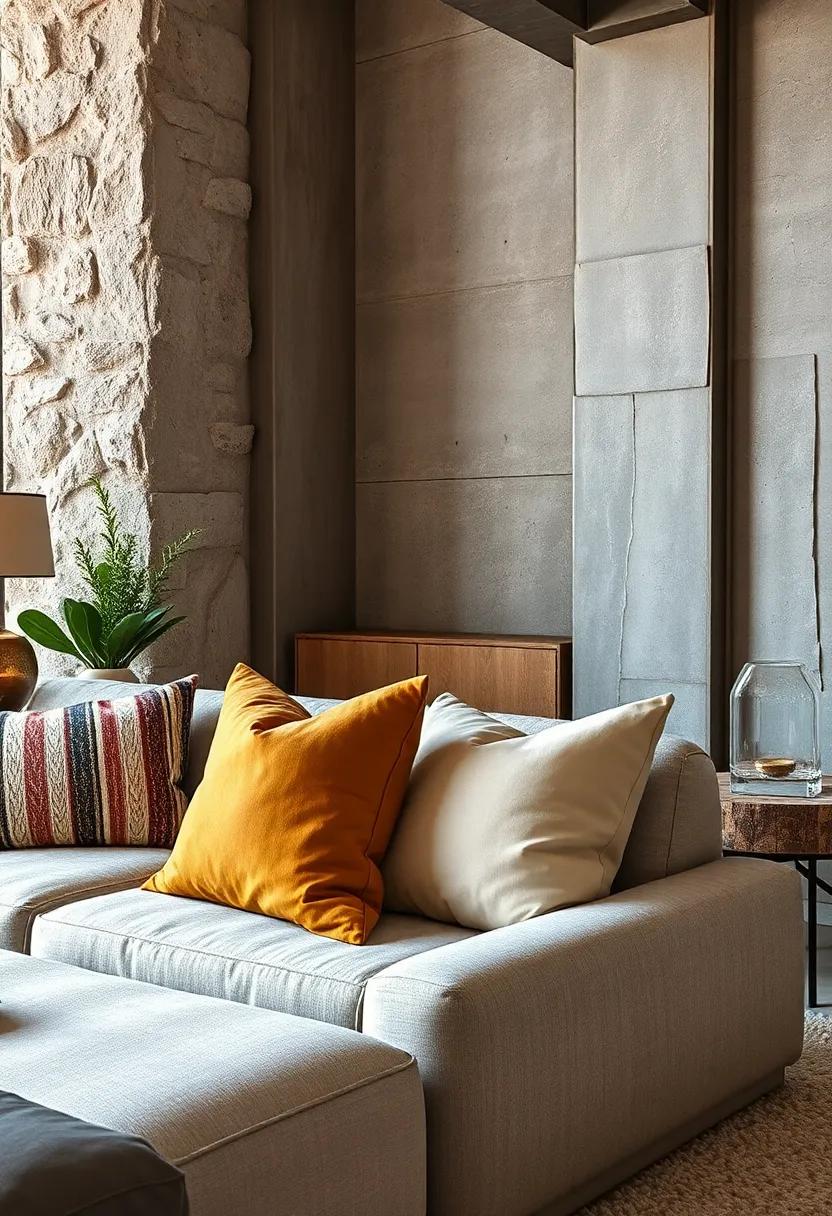 Industrial Edge: Offset cold metal and concrete textures with rugged leather and canvas pillows in muted shades